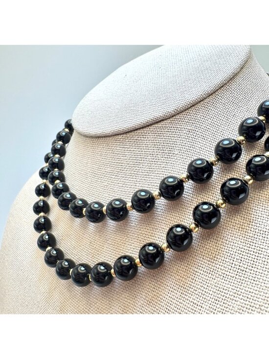 Black Onyx Vintage 7mm Alternating 10K Gold Bead Necklace No Clasp 20" Length - Picture 4 of 10
